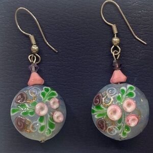 Boho Art Floral Glass Earrings Beads with Pink and Green Accents